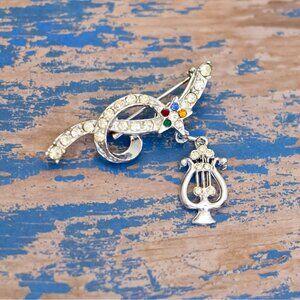 Vintage Silver Tone Harp Charm Monogram Rhinestones Brooch - L31